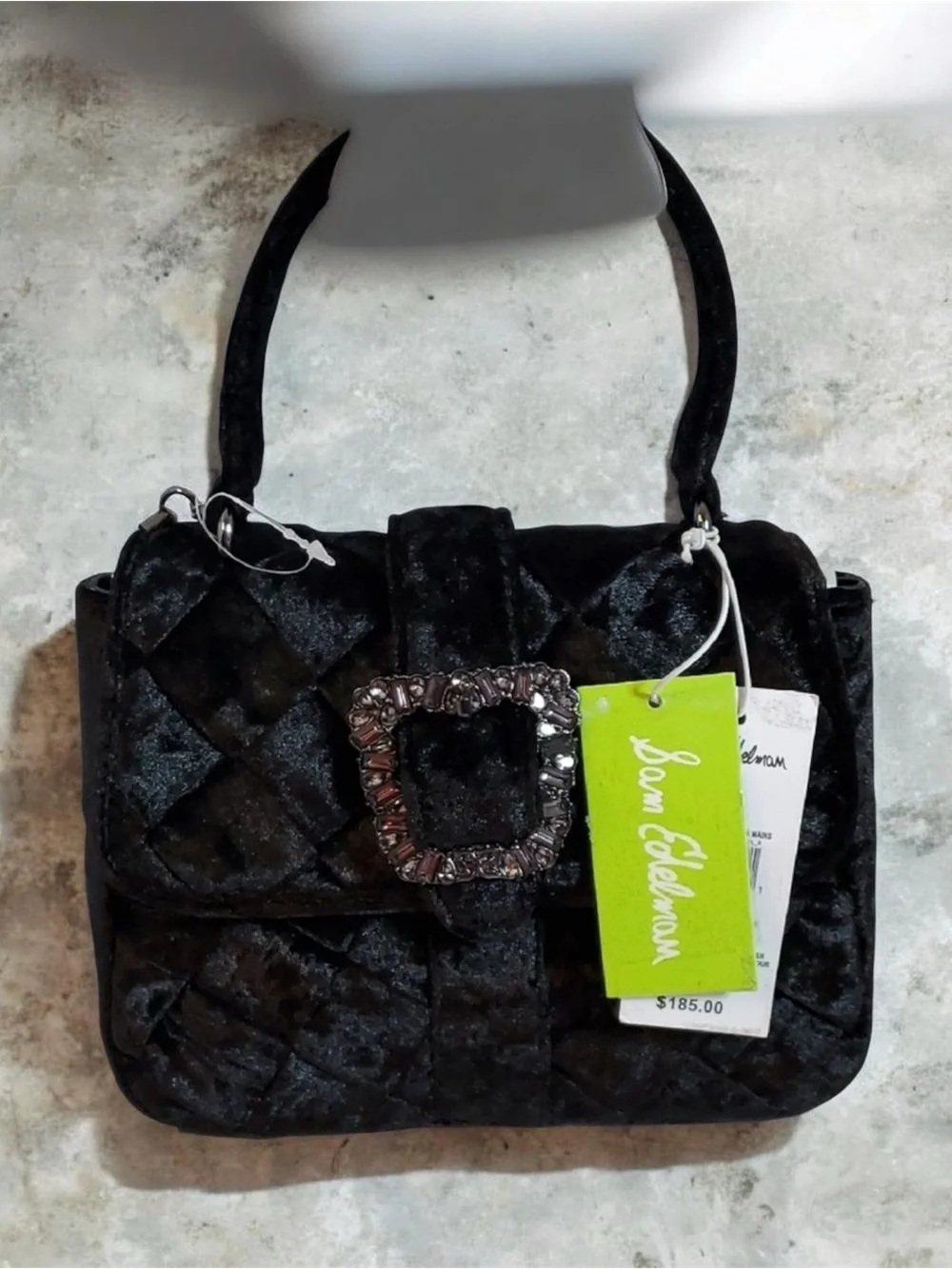 Sam Edelman Black Quilted Velvet Shoulder Bag with Jeweled Buckle Accent